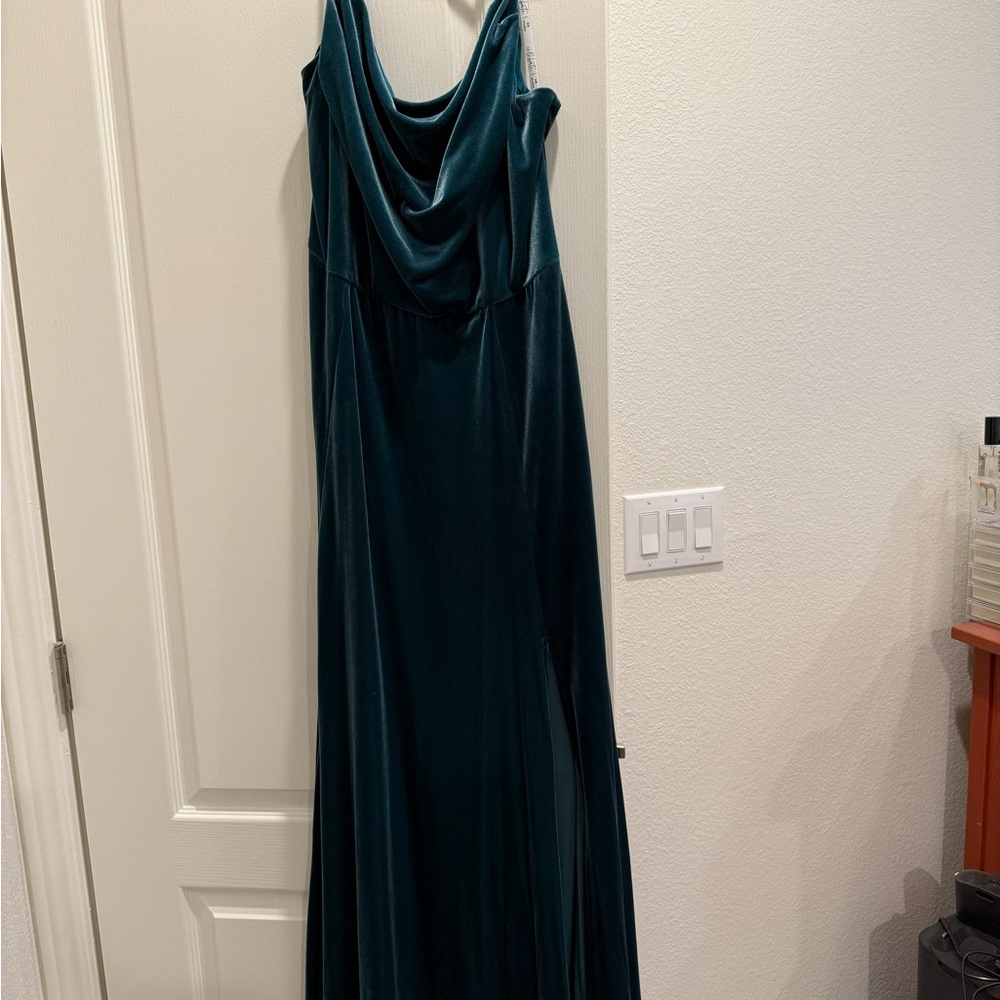 Velvet Cowl Neck Spaghetti Strap Bridesmaid Dress from David’s Bridal in Emerald
